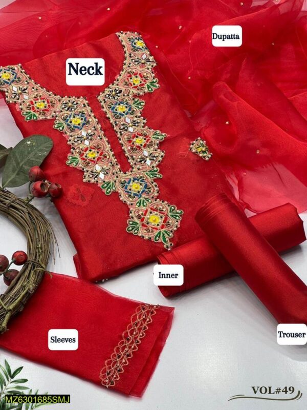 3 Pcs Women's Unstitched Tissue Embroidered Suit